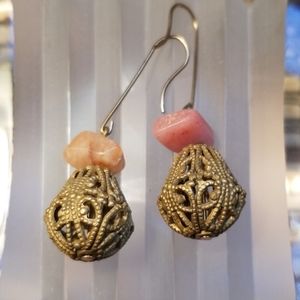 Ornate metal earrings w/ pink natural stones